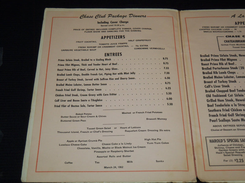 1962 CHASE CLUB PLAZA HOTEL MENU - GUY LOMBARDO - J 7271