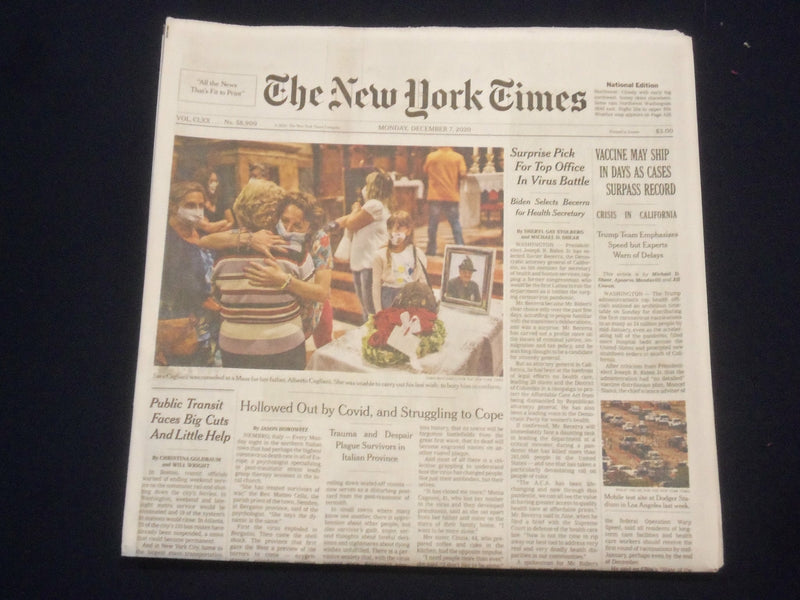 2020 DECEMBER 7 NEW YORK TIMES -VACCINE MAY SHIP IN DAYS AS CASES SURPASS RECORD