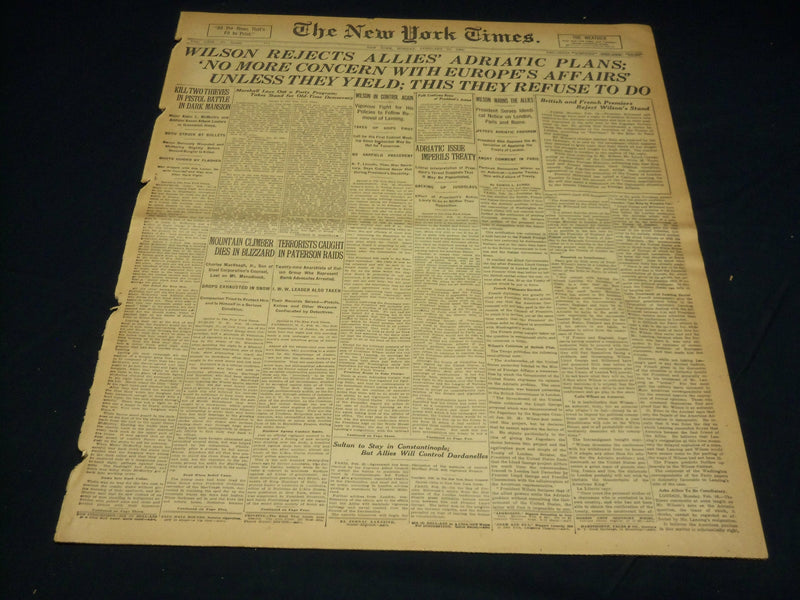 1920 FEBRUARY 16 NEW YORK TIMES - WILSON REJECTS ALLIES ADRIATIC PLANS - NT 7872