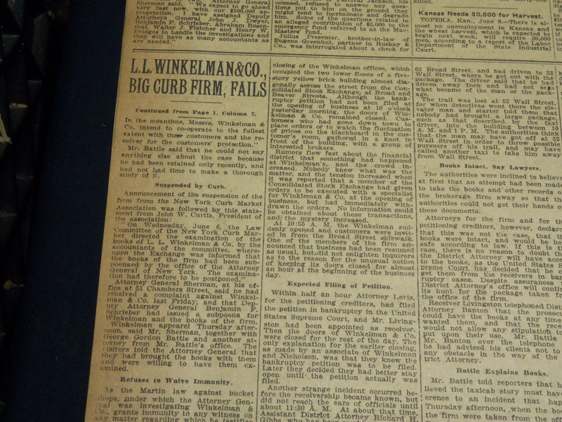 1923 JUNE 9 NEW YORK TIMES NEWSPAPER - L. L. WINKELMAN & CO. FAIL - NT 8661