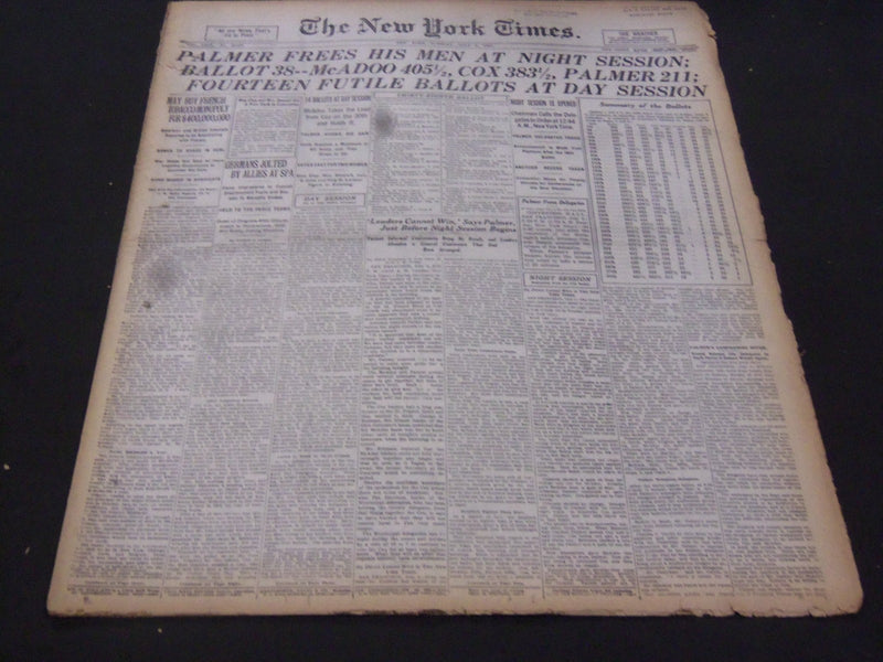 1920 JULY 6 NEW YORK TIMES - MCADOO 405 1/2, COX 383 1/2 PALMER 211 - NT 5326