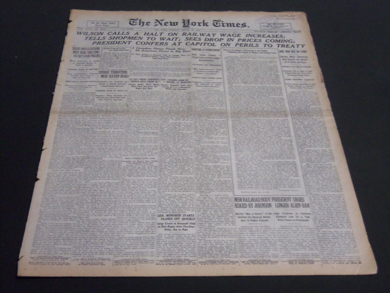 1919 AUG 26 NEW YORK TIMES - WILSON CALLS HALT ON RAILWAY WAGE INCREASE- NT 6964