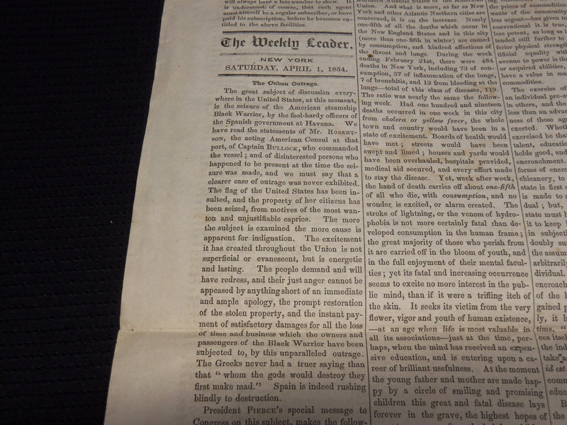 1854 APRIL 1 NEW YORK WEEKLY LEADER NEWSPAPER - VOLUME 1 NO. 3 - K 70