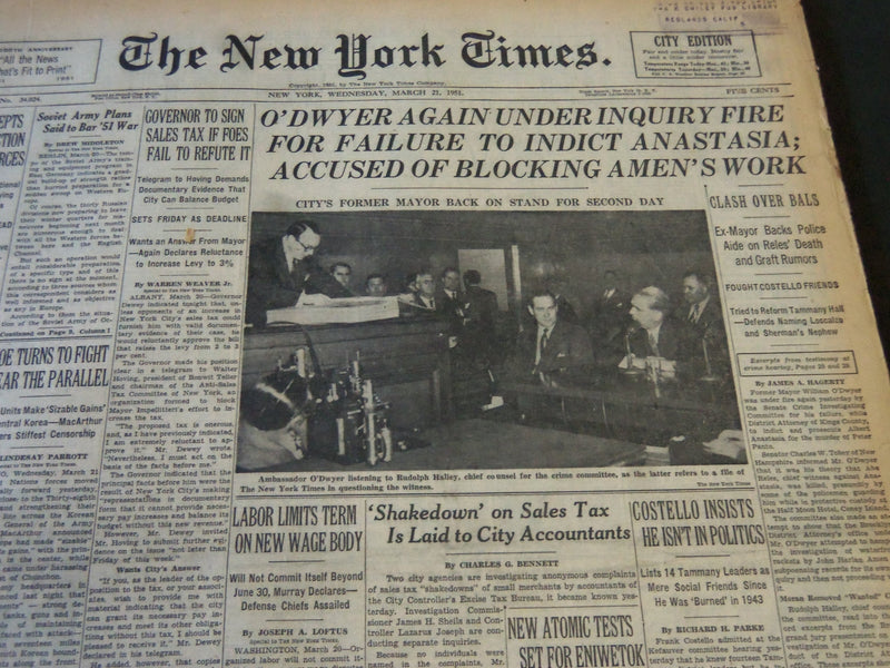 1951 MARCH 21 NEW YORK TIMES - O'DWYER AGAIN UNDER INQUIRY FIRE - NT 5943