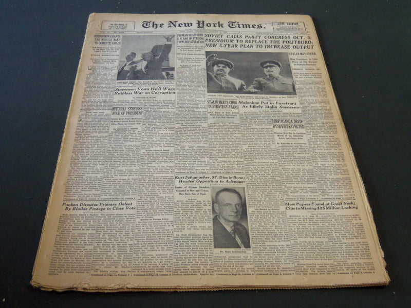 1952 AUGUST 21 NEW YORK TIMES - SOVIET CALLS PARTY CONGRESS OCT 5 - NT 5791