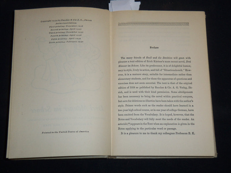 1940 DREI MANNER IM SCHNEE HARDCOVER BOOK BY ERICH KASTNER - KD 5980Q