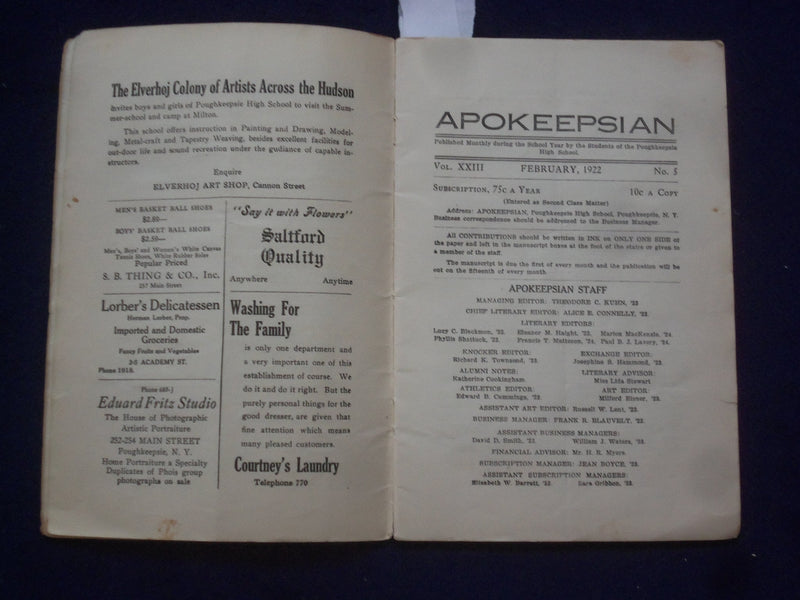 1922 FEBRUARY THE APOKEEPSIAN - POUGHKEEPSIE HIGH SCHOOL MAGAZINE - J 9609