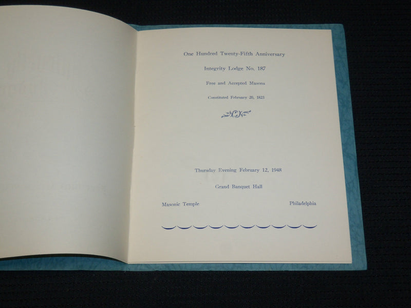 1948 INTEGRITY LODGE NO. 187 MASONS 1823-1948 125TH ANNIVERSARY BOOK - J 6997