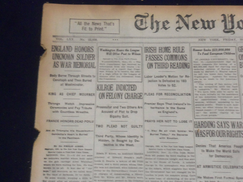 1920 NOVEMBER 12 NEW YORK TIMES - ENGLAND HONORS UNKNOWN SOLDIER - NT 8452