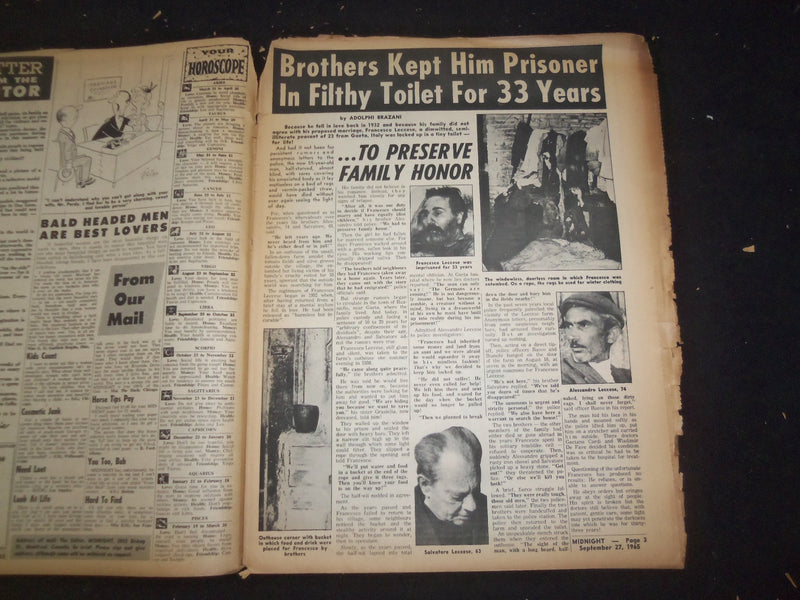 1965 SEPTEMBER 27 MIDNIGHT NEWSPAPER - CAGED IN TOILET FOR 33 YEARS - NP 7351