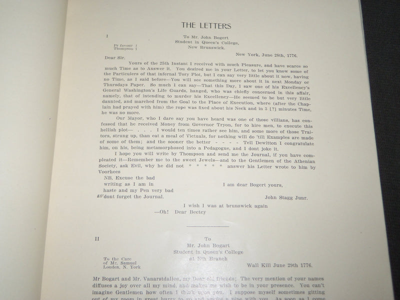 1914 THE JOHN BOGART LETTERS BOOK PUBLISHED BY RUTGERS COLLEGE - J 3179