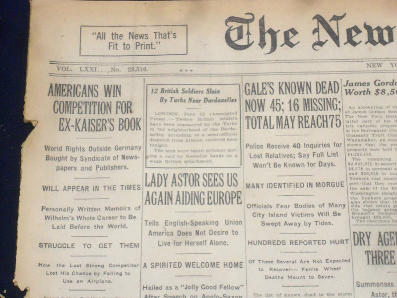 1922 JUNE 13 NEW YORK TIMES - AMERICANS WIN FOR EX-KAISER'S BOOK - NT 8399