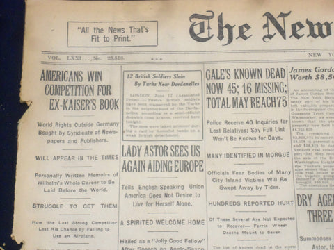 1922 JUNE 13 NEW YORK TIMES - AMERICANS WIN FOR EX-KAISER'S BOOK - NT 8399