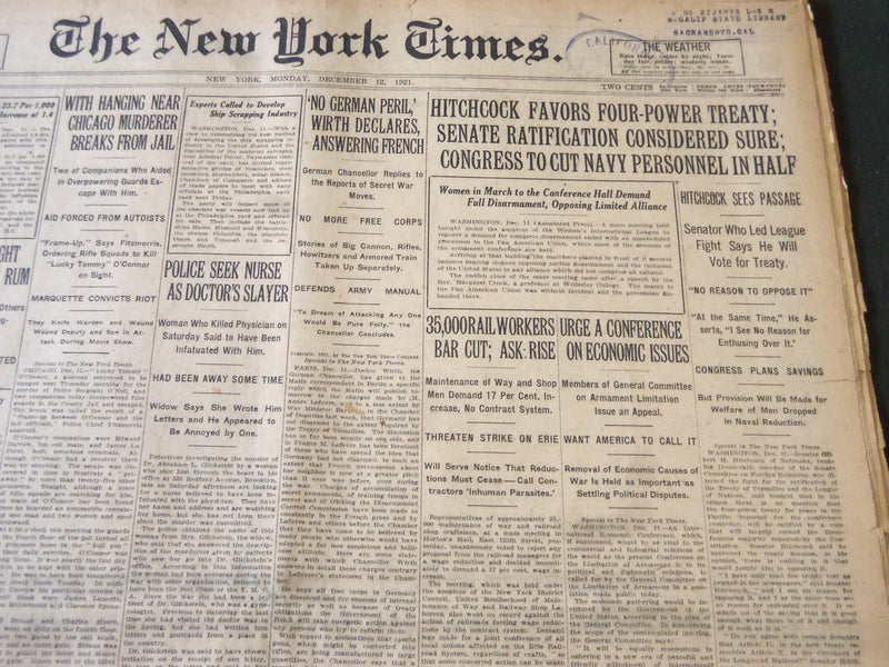 1921 DECEMBER 12 NEW YORK TIMES - HITCHCOCK FAVORS FOUR-POWER TREATY - NT 6138