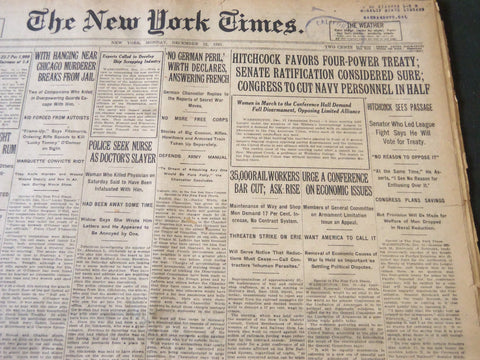1921 DECEMBER 12 NEW YORK TIMES - HITCHCOCK FAVORS FOUR-POWER TREATY - NT 6138
