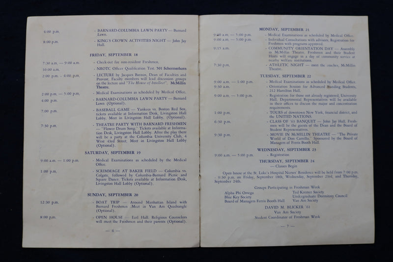 1959 COLUMBIA COLLEGE FRESHMAN WEEK PROGRAM SOFTCOVER PROGRAM - K 924