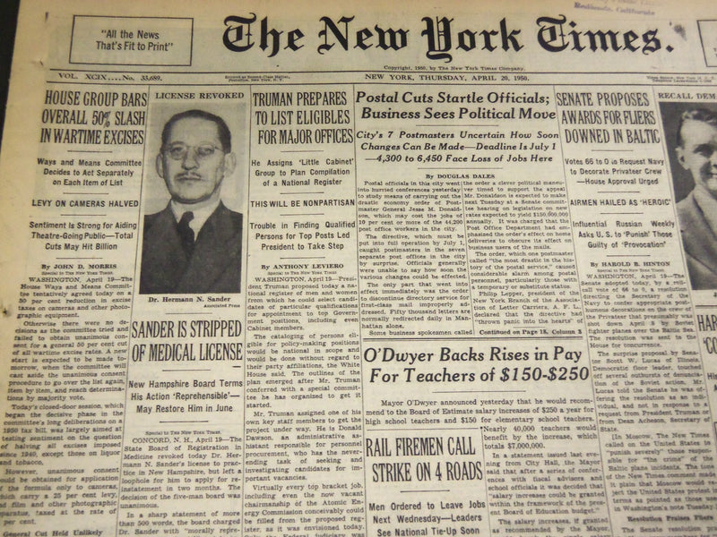 1950 APRIL 20 NEW YORK TIMES - SANDER IS STRIPPED OF MEDICAL LICENSE - NT 4732