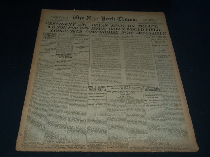 1920 JAN 9 NEW YORK TIMES NEWSPAPER - PRESIDENT & BRYAN SPLIT ON TREATY- NT 7554