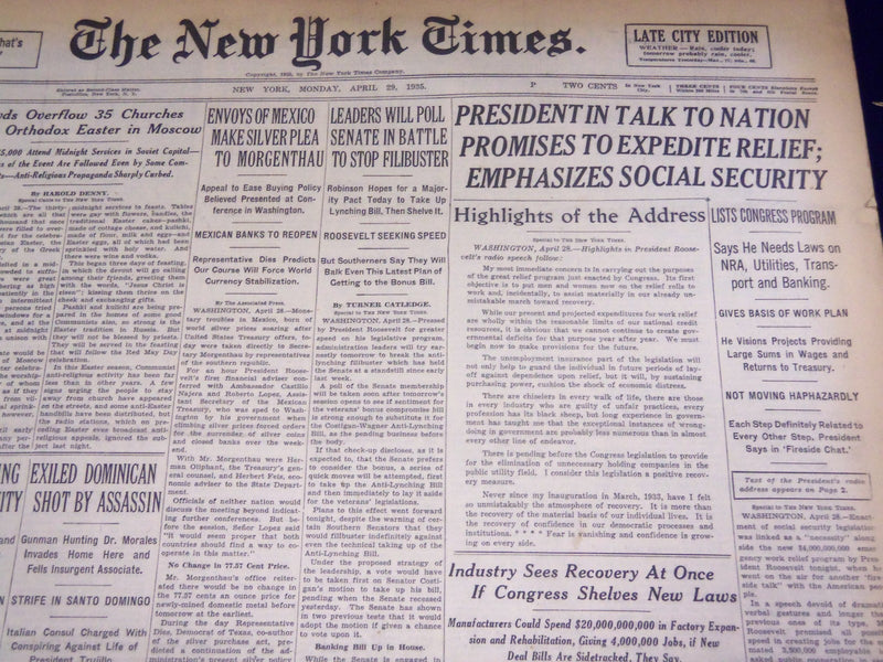 1935 APRIL 29 NEW YORK TIMES - PRESIDENT TALK TO NATION PROMISES RELIEF- NT 1862