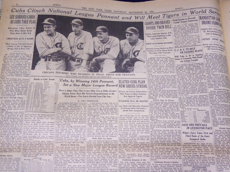 1935 SEPTEMBER 23 NEW YORK TIMES - CUBS CLINCH PENNANT - NT 3791