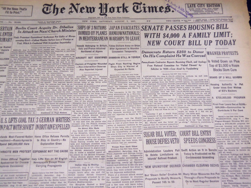 1937 AUGUST 7 NEW YORK TIMES - SENATE PASSES HOUSING BILL - NT 3091