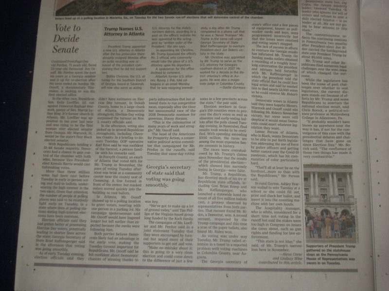 2021 JANUARY 6 THE WALL STREET JOURNAL -GEORGIA RUNOFFS TO DECIDE SENATE CONTROL