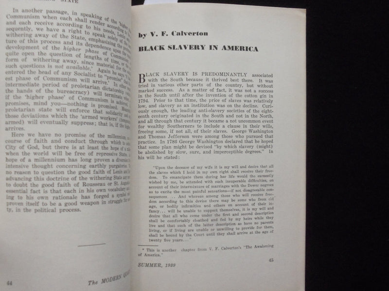 1939 SUMMER THE MODERN QUARTERLY MAGAZINE - BLACK SLAVERY IN AMERICA - J 9994