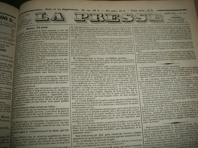 1837 JANUARY-JUNE LA PRESSE FRENCH NEWSPAPER BOUND VOLUME - SCIENCE - KD 1279I