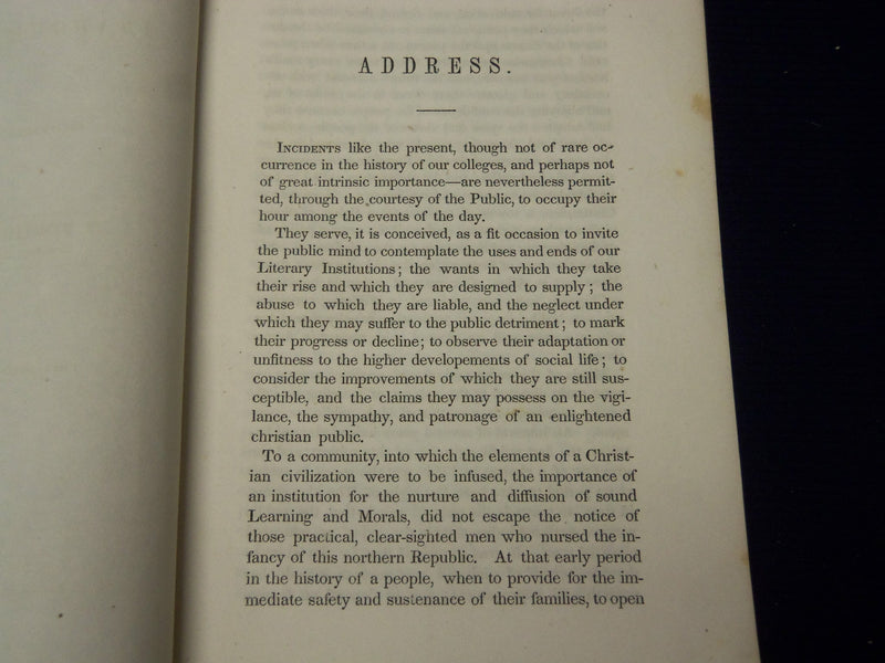1849 UNIVERSITY OF VERMONT INAUGURAL ADDRESS BY WORTHINGTON SMITH - J 4416