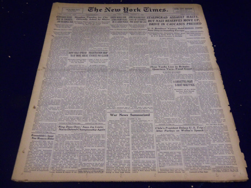 1942 OCT 12 NEW YORK TIMES - STALINGRAD ASSAULT HALTS, NAZI RESERVES - NT 989