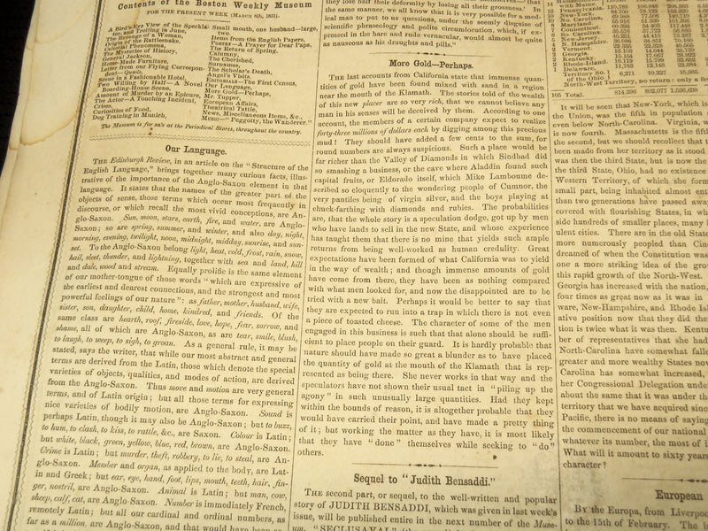 1851 MARCH 8 BOSTON MUSEUM NEWSPAPER - JUDITH BENSADDI SEQUEL - HAYWOOD- NP 9030