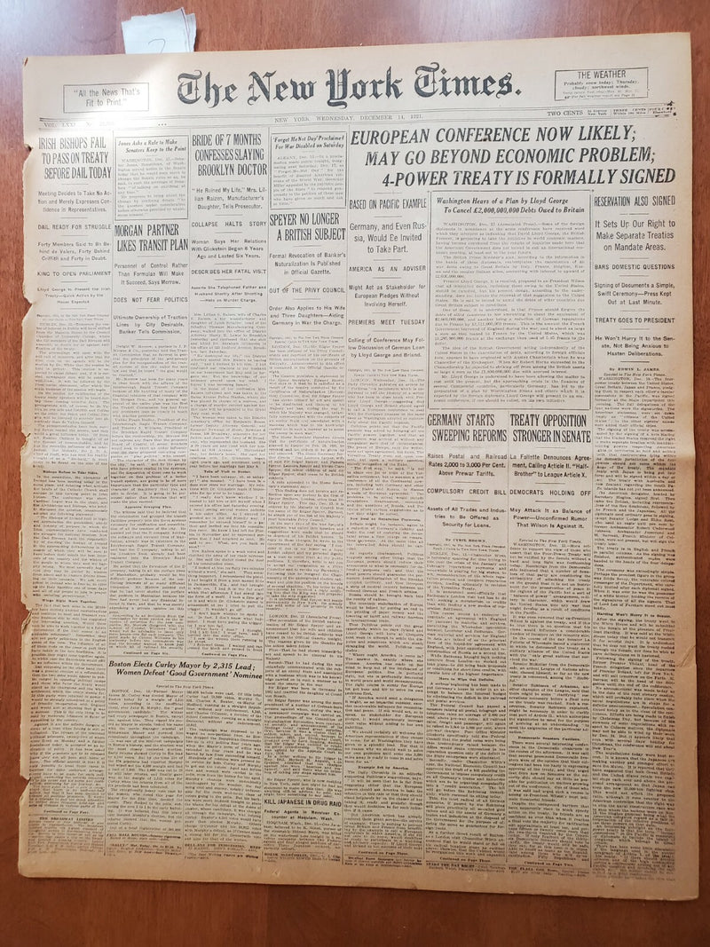 1921 DECEMBER 14 NEW YORK TIMES - FOUR-POWER TREATY FORMALLY SIGNED - NT 8042