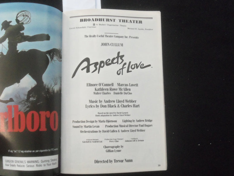 1990 ASPECTS OF LOVE PLAYBILL - JOHN CULLUM + 4 SIGNATURES - J 8207