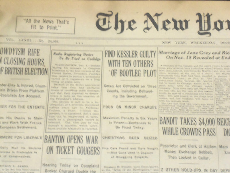 1923 DECEMBER 5 NEW YORK TIMES - KESSLER GUILTY OF BOOTLEG PLOT - NT 9213
