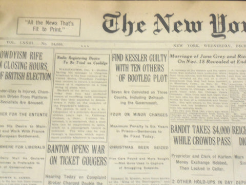 1923 DECEMBER 5 NEW YORK TIMES - KESSLER GUILTY OF BOOTLEG PLOT - NT 9213