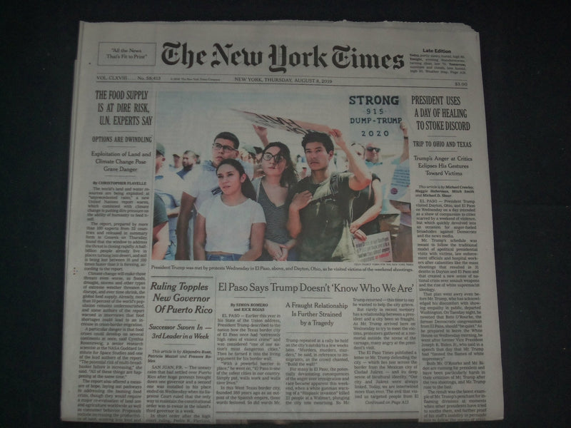 2019 AUGUST 8 NEW YORK TIMES - PRESIDENT USES A DAY OF HEALING TO STOKE DISCORD