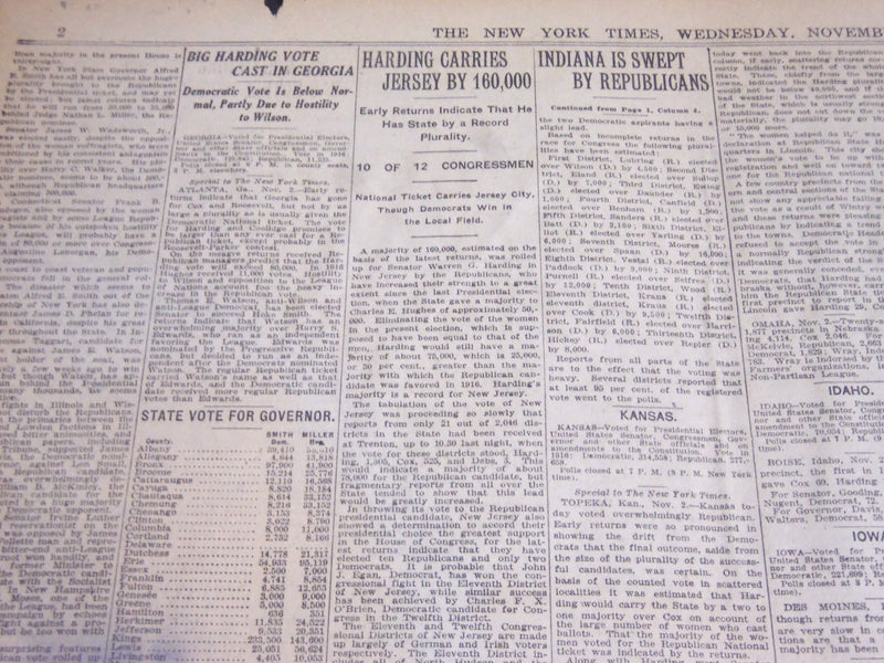 1920 NOVEMBER 3 NEW YORK TIMES - HARDING WINS MILLION LEAD HERE - NT 7115