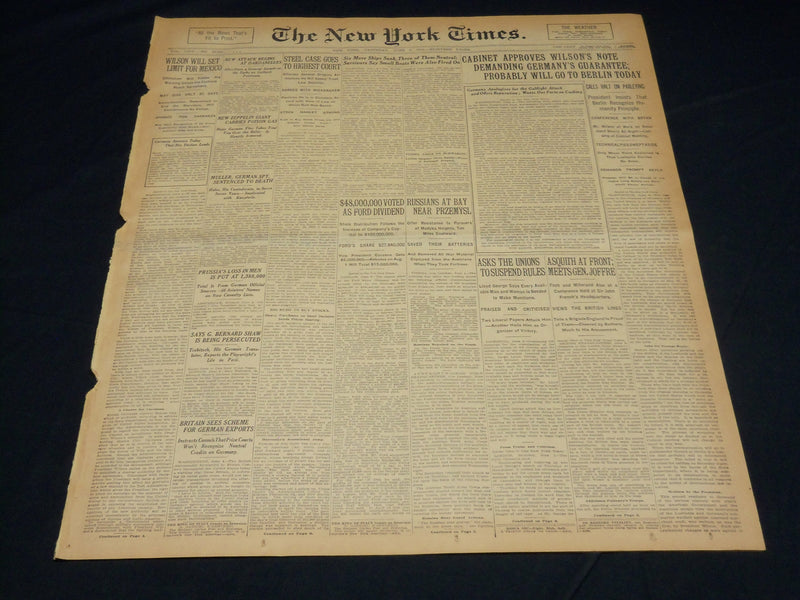 1915 JUNE 5 NEW YORK TIMES NEWSPAPER - CABINET APPROVES WILSON'S NOTE - NT 7695