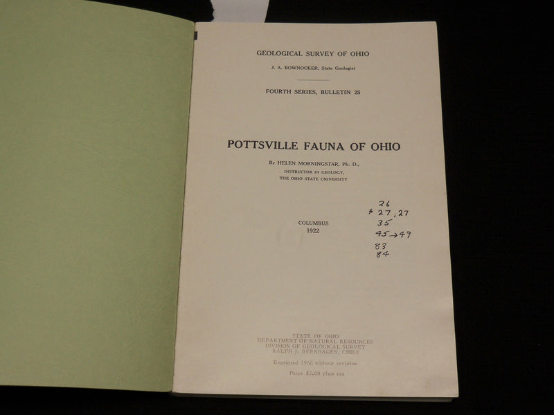 1966 POTTSVILLE FAUNA OF OHIO BOOK - GEOLOGICAL SURVEY OF OHIO - J 7049