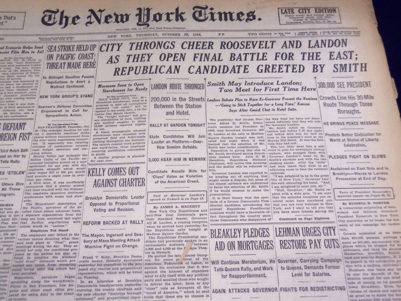 1936 OCTOBER 29 NEW YORK TIMES - CITY THRONGS CHEER ROOSEVELT - NT 2103