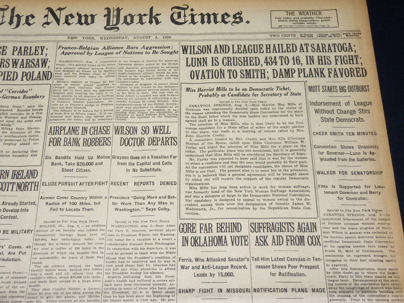 1920 AUGUST 4 NEW YORK TIMES - WILSON AND LEAGUE SARATOGA - NT 8549