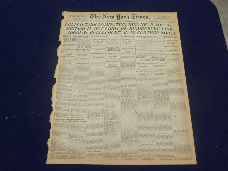 1918 AUGUST 31 NEW YORK TIMES - FRENCH TAKE HILL NEAR NOYON - NT 9195