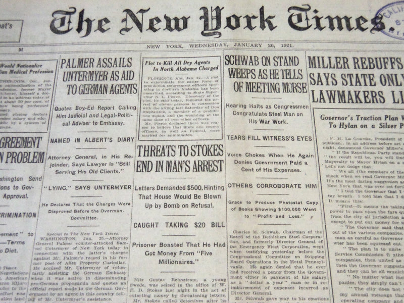 1921 JANUARY 26 NEW YORK TIMES - SCHWAB WEEPS ON STAND - NT 5506