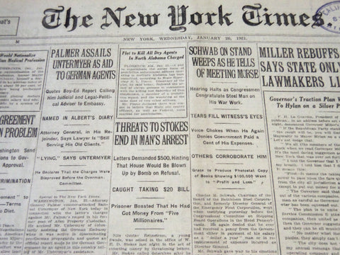 1921 JANUARY 26 NEW YORK TIMES - SCHWAB WEEPS ON STAND - NT 5506
