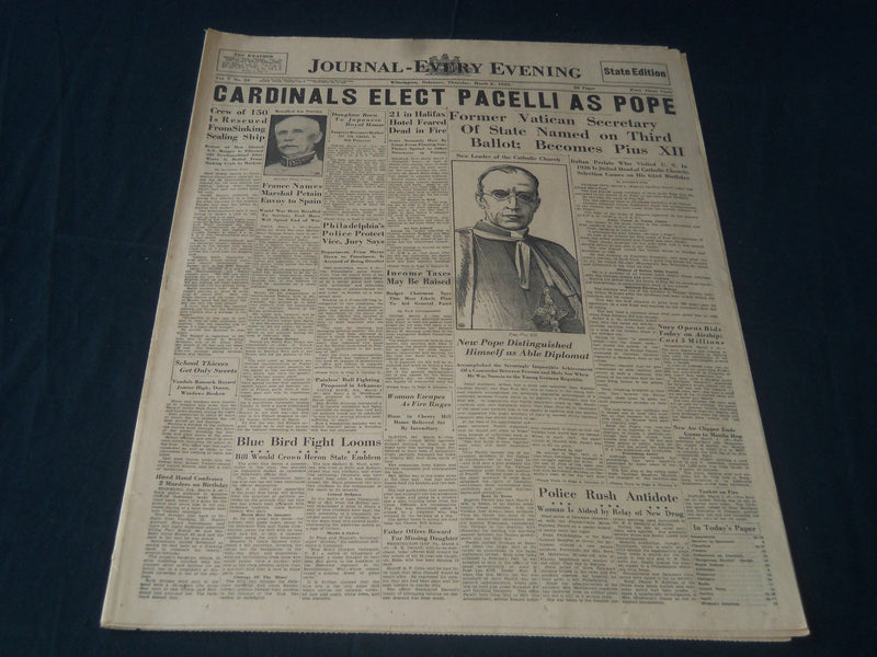 1939 MARCH 2 WILMINGTON JOURNAL NEWSPAPER- CARDINALS ELECT POPE PACELLI- NT 7227