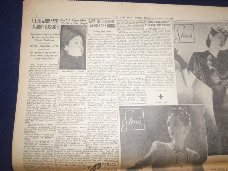 1945 MARCH 25 NEW YORK TIMES - ALLIES STORM ACROSS RHINE AT 4 POINTS - NP 6676