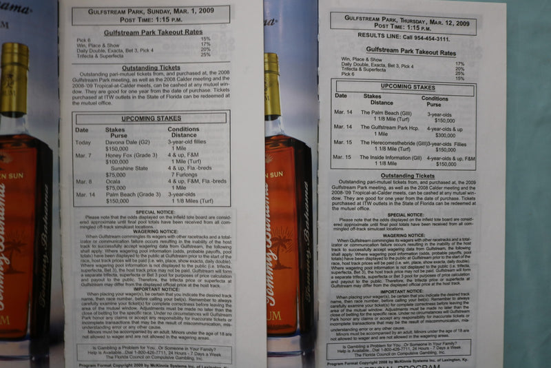2009 GULF STREAM PARK HORSE RACING PROGRAMS - LOT OF 50 - VARIOUS DATES - O 3955