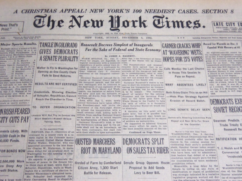 1932 DEC 4 NEW YORK TIMES - ROOSEVELT DECREES SIMPLEST OF INAUGURA'S - NT 6980