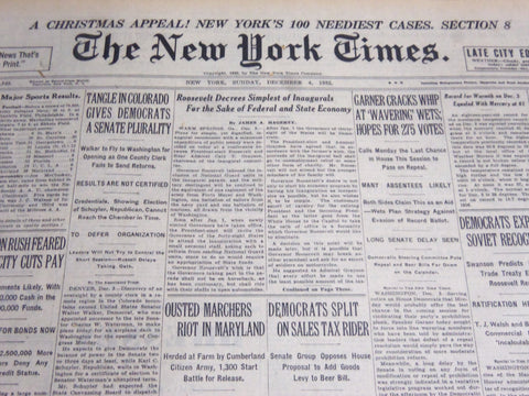 1932 DEC 4 NEW YORK TIMES - ROOSEVELT DECREES SIMPLEST OF INAUGURA'S - NT 6980