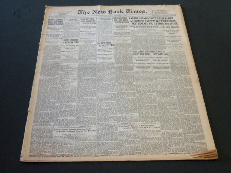 1926 SEPTEMBER 3 NEW YORK TIMES - GOV. SMITH TOO ILL TO SPEAK AT FAIR - NT 5600